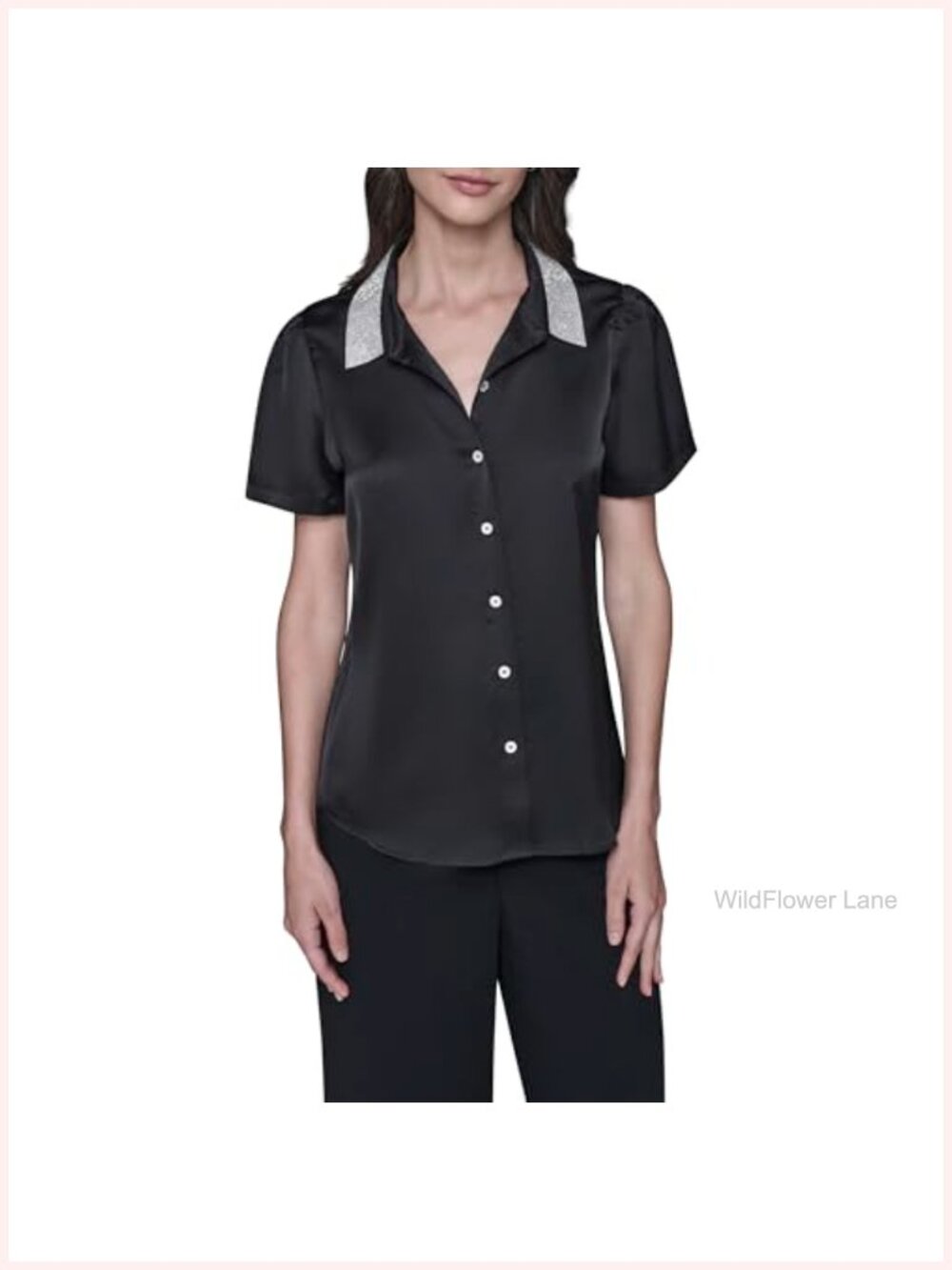 Short Sleeve Crystal Collar Button Down Blouse - Work to Dinner